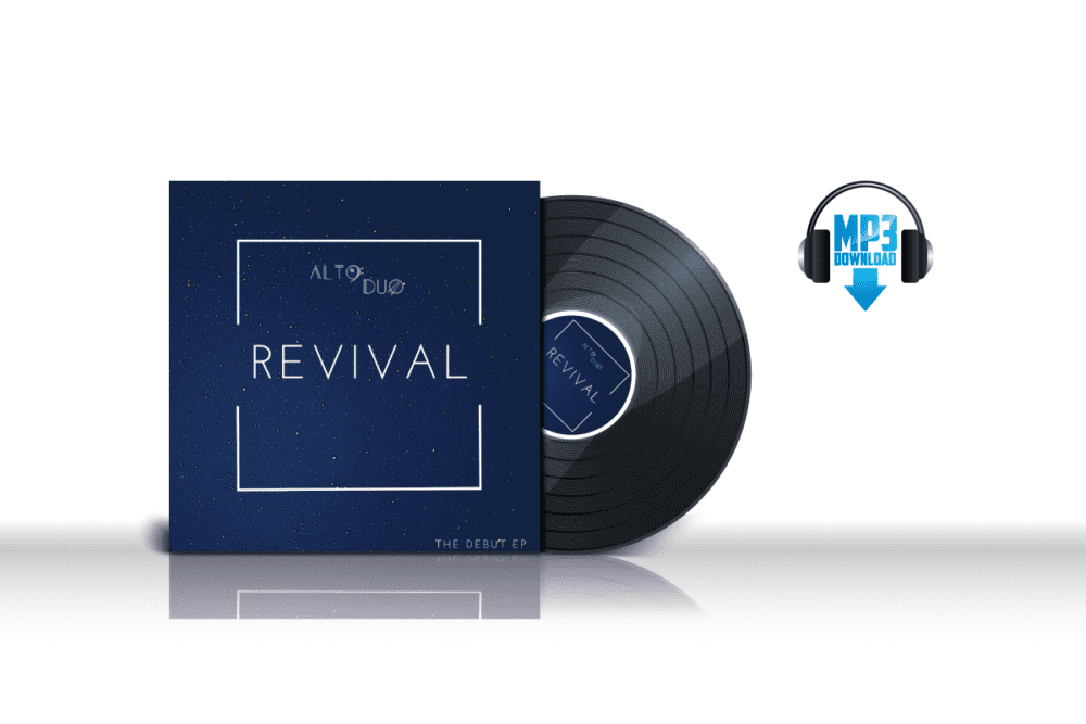 cover art for Altoduo's EP called Revival with pretruding vinyl image and MP3 logo