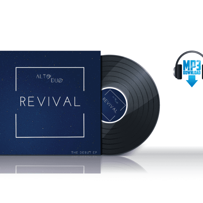 cover art for Altoduo's EP called Revival with pretruding vinyl image and MP3 logo