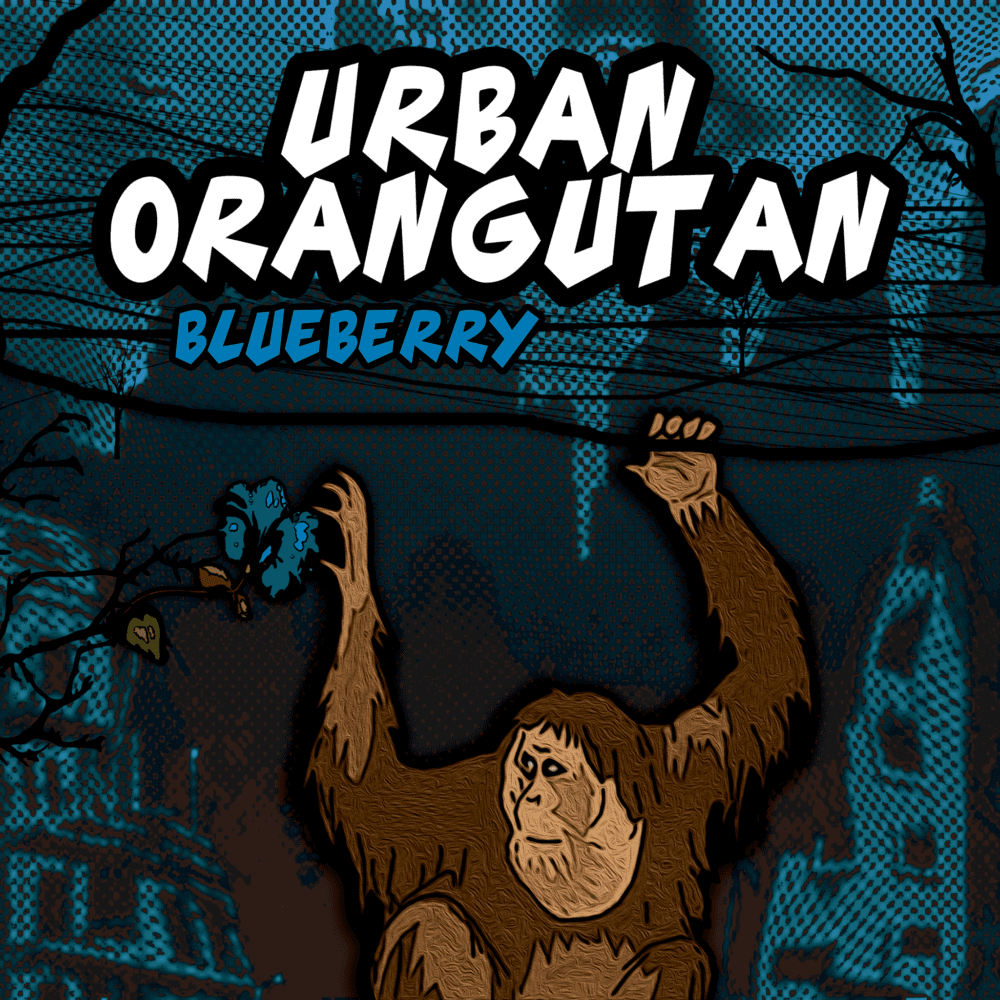 Urban Orangutan album art cover with an orangutan swinging through a comic style cite