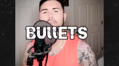 HipHop artist Foolish Senpai standing behind a vocal mic with the title 'Bullets' across the centre of image