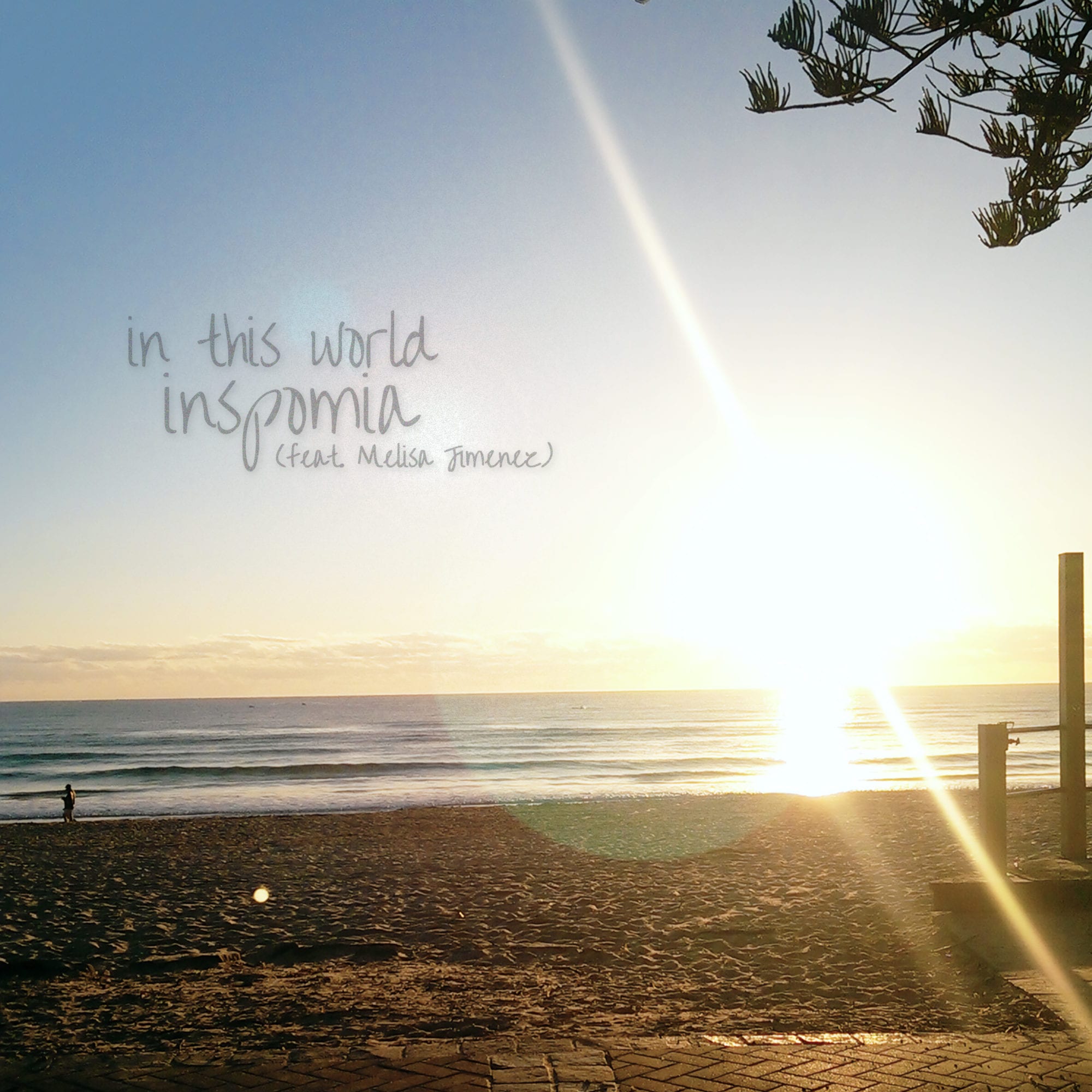 Cover art for song 'In This World' by artist Inspomia depicting an Image of a beautiful beach and rising sun off the horizon