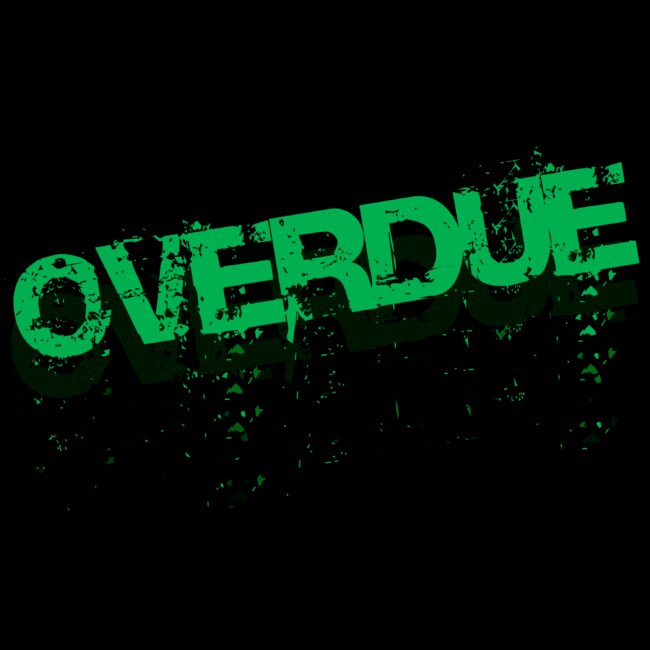 EP Cover art for band Overdue with a luminous green band title across a black background