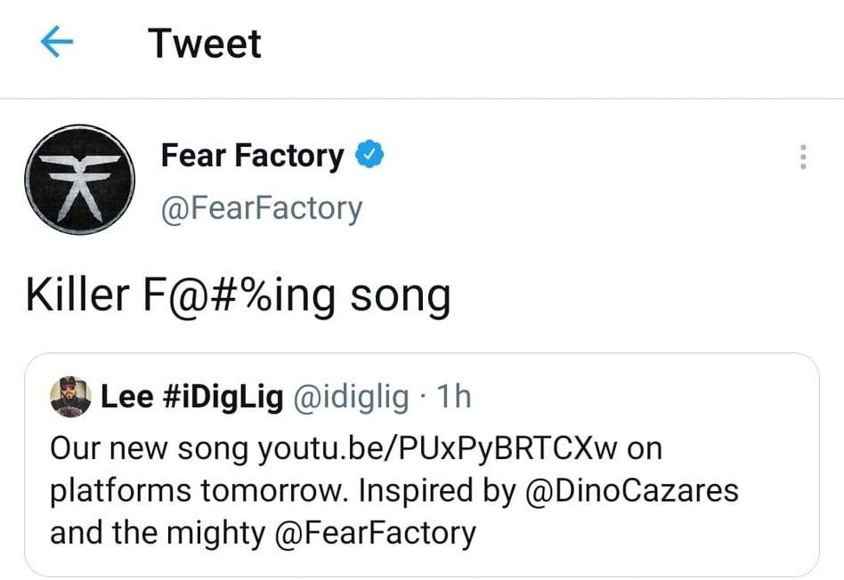 Tweet from Fear Factory's Dino Cazares saying Killer F@#%ing song