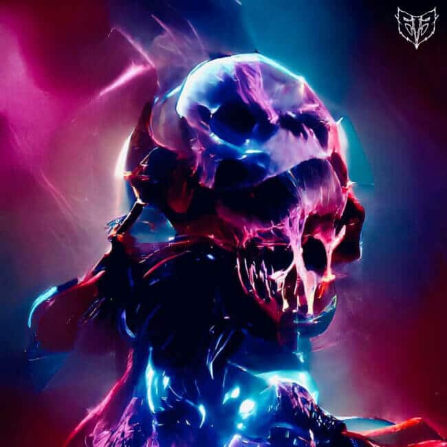 cover art depicting a beastly head with shades of red and blue intertwined to create mixed colours